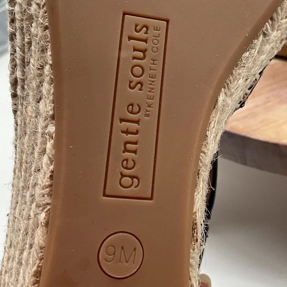 Gentle Souls Kenneth Cole Black Leather Espadrille Wedge Sandals Womens 9M